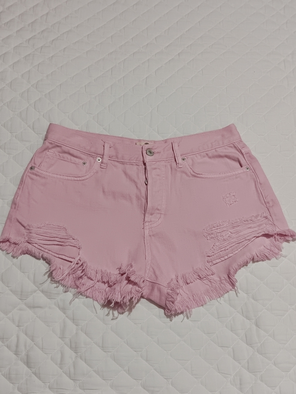 We The Free Pink Distressed Frayed Hem High Rise Denim Shorts Size 28